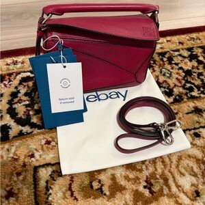 Loewe Mini Puzzle Bag Red Calfskin Top Handle Crossbody Strap Authentic